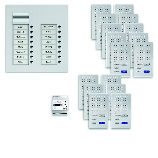 Système de commande de porte audio TCS : pack UP pour 16 unités résidentielles, poste extérieur PUK 16 boutons de sonnerie 2 colonnes, 16x haut-parleur mains libres ISW3030, commande, PPUF16 / 2-EN / 02