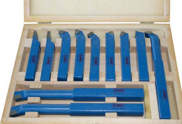 ELMAG jeu d'acier de tournage 20x20 mm, 11 pièces, avec plaques HM soudées, dans une caisse en bois, 89158