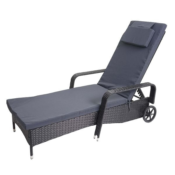 Chaise longue en polyrotin Mendler Carrara, chaise longue de relaxation, chaise longue de jardin, aluminium, anthracite, coussins gris, 53157