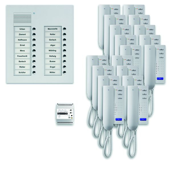 Système de commande de porte audio TCS : pack UP pour 18 unités d'habitation, avec poste extérieur PUK 18 boutons de sonnerie 2 colonnes, 18x interphone ISH3030, commande, PPU18 / 2-EN / 02