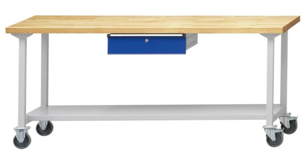 Table de travail ANKE; mobile; 2000x700 mm; RAL 7035/5010; 1xHängeschublade; 1x étagère de rangement en tôle d'acier de 500 mm de profondeur