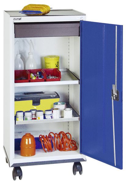 armoire à outils et matériel série 3000, 7035/5010, 1 tiroir 100 mm, 2 tablettes, fond roulant, 3093174