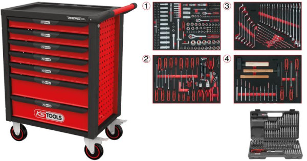 Chariot d'atelier KS Tools RACINGline NOIR/ROUGE avec 7 tiroirs et 515 outils premium, 826.7515