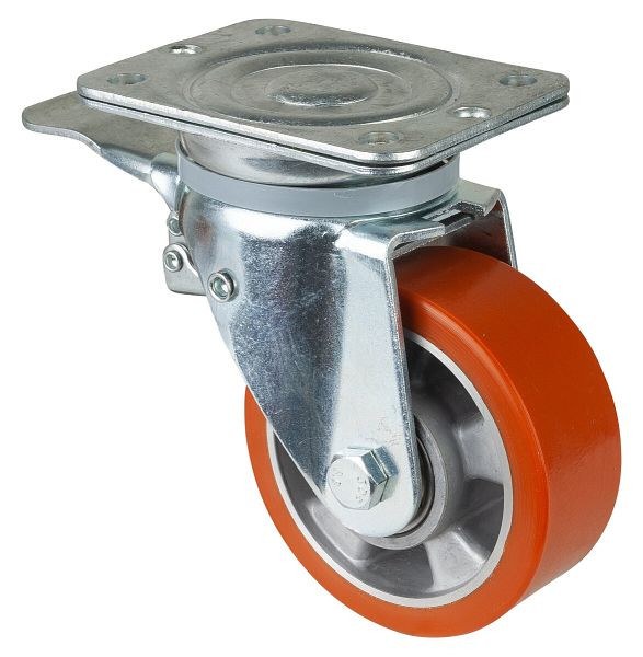 Roulettes BS Roulette forte charge avec frein, largeur 50 mm, Ø125 mm, jusqu'à 450 kg, polyuréthane coulé 95 Shore A, corps en aluminium, roulement à billes, N120.B90.129