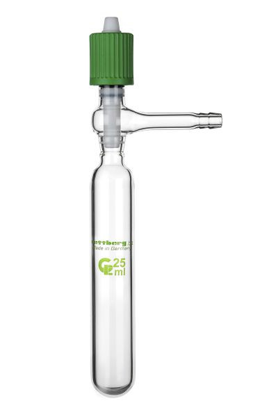 Tube Rettberg Schlenk, 25 ml, paroi épaisse, valve à vide avec filetage fin 0 - 8 mm, olive 9 mm, verre borosilicaté 3.3, 134029514