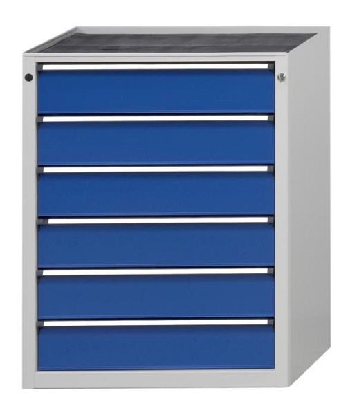 Armoire à tiroirs ANKE; 765 x 700 x 1020 mm; RAL 7035/5010; Plateau en hêtre massif 40 mm; 6 tiroirs, 610.003