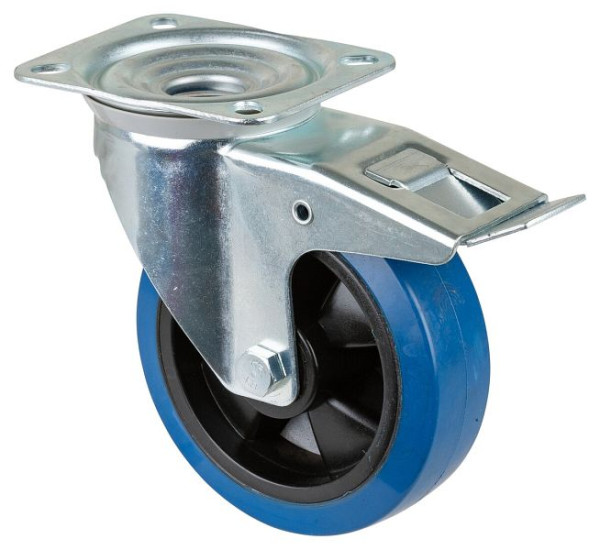 Rouleau de transport BS rollers avec frein, largeur 50 mm, Ø160 mm, jusqu'à 300 kg, pneus élastiques bleus, roulements à billes, lot de 2, L420.B62.161