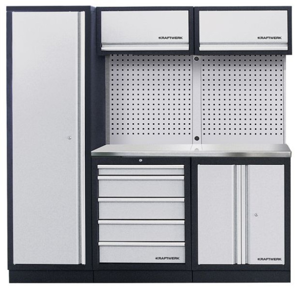 Kraftwerk MOBILIO Système d'armoire d'atelier à 3 éléments avec plan de travail en INOX inoxydable, avec paroi carrée perforée, 3964AIX