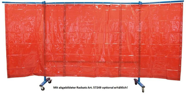 Mur de protection contre les soudures ELMAG, 3 parties, avec rideau en film, rouge, DIN EN 1598, largeur : 3,8 m (partie médiane 2,1 m + 2 bras pivotants de 0,85 m chacun), 57252