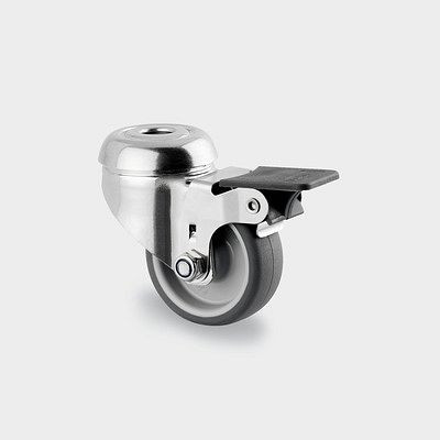 Roulette pivotante TENTE-ROLLEN avec frein, roue Ø 50 mm, capacité de charge 40 kg, hauteur totale 69 mm, A 85 Shore, avec trou de vis, 7475PJO050P30-11