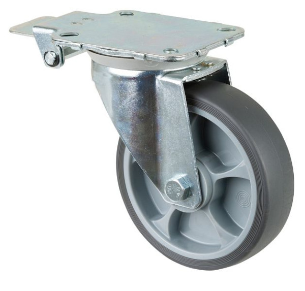 Roulettes BS Roulette pivotante avec frein central, roue en caoutchouc thermoplastique, roulement à rouleaux, platine, diamètre : 160 mm, L440.B44.161