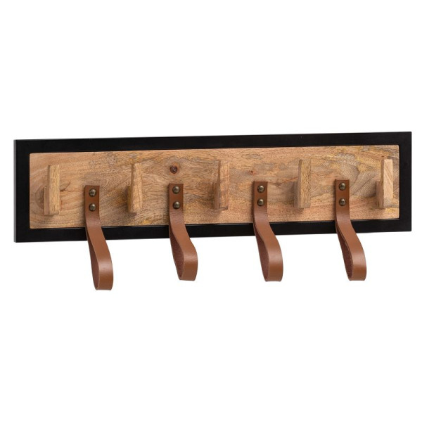 Porte-manteau mural Wohnling Bois massif de manguier / cuir véritable 60x15x6 cm, porte-manteau pour vestes, écharpes et chapeaux, avec structure et boucles en métal, WL6.786