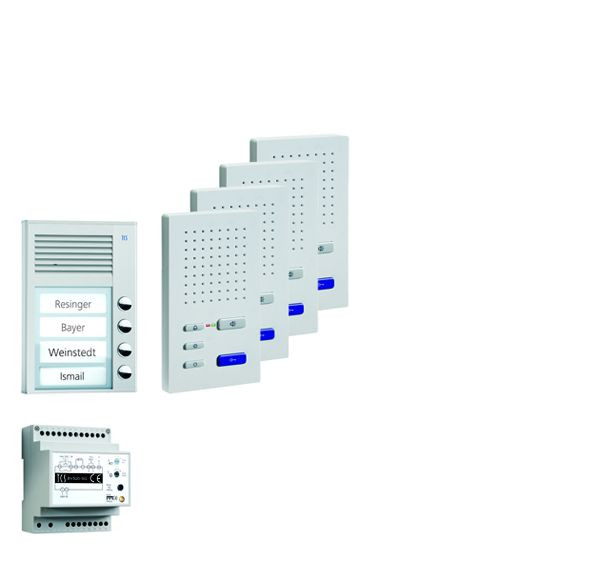 Système de commande de porte audio TCS : pack AP pour 4 unités résidentielles, avec poste extérieur PAK 4 boutons de sonnerie, 4x haut-parleur mains libres ISW3030, unité de contrôle BVS20, PPAF04-EN / 02