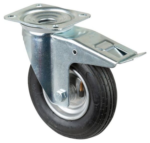 Rouleau de transport BS rollers avec frein, largeur 50 mm, Ø200 mm, jusqu'à 75 kg, roue pneumatique en caoutchouc noir, corps de roue jante en acier, roulement à rouleaux, L420.C90.200