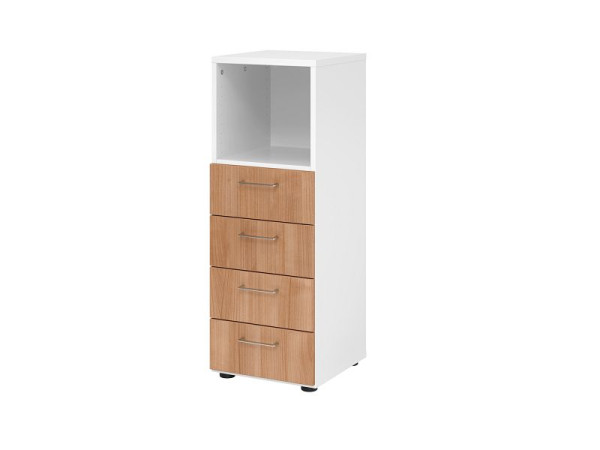 Armoire à tiroirs Hammerbacher 3OH, 4 tiroirs, BS blanc/noyer, 40 x 41,7 x 110 cm, 4 tiroirs, poignée en métal, V934S4/W/N/BS