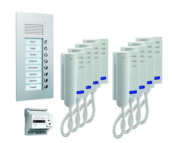 Système de contrôle de porte audio TCS : pack UP pour 8 unités résidentielles, avec poste extérieur PUK 8 boutons de sonnerie, 8x interphones ISH3030, unité de contrôle BVS20, PPU08-EN / 02