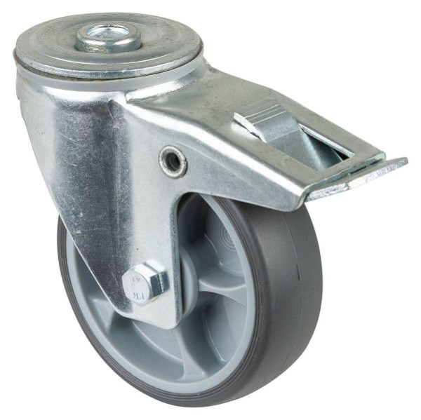 Roulette pivotante à roulettes de transport BS Rollers avec frein, roue en caoutchouc thermoplastique gris, roulement à billes, trou arrière, diamètre : 100 mm, lot de 4, L121.A85.102