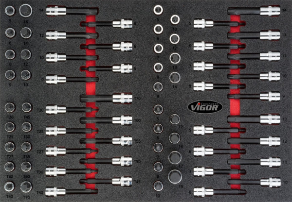 Jeu d'embouts de tournevis VIGOR, 5 - 19, M5 - M16, T20 - T70, nombre d'outils : 70, V4753