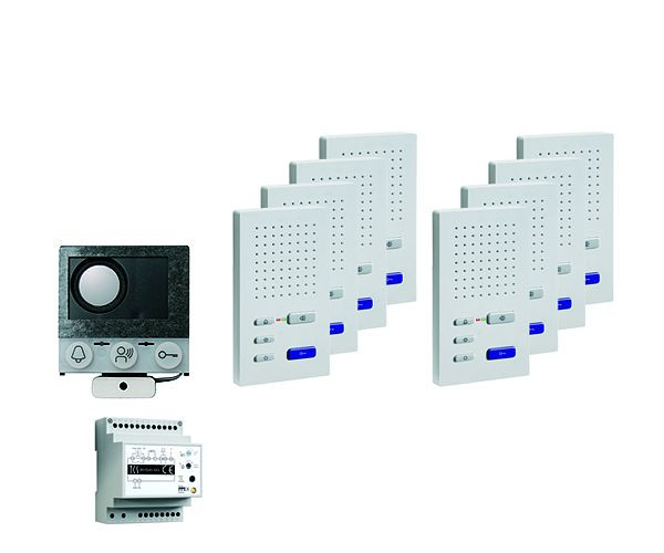 TCS audio : pack installation pour 8 logements, avec haut-parleur intégré ASI12000 + 8x haut-parleur mains libres ISW3030 + boîtier de commande BVS20, PAIF080/004