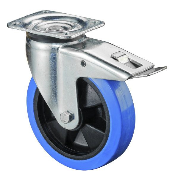 BS Rolls Roulette robuste avec frein, largeur 50 mm, Ø200 mm, jusqu'à 400 kg, bandages élastiques bleus, corps de roue en plastique, roulement à rouleaux, L620.B61.200