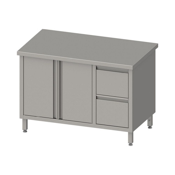 Armoire de travail Stalgast avec portes battantes 2000x600x850mm, avec bloc 2 tiroirs à droite, sans dosseret, soudé, VAS20603R