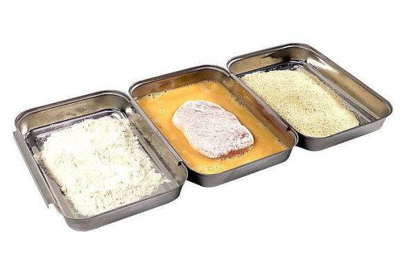 Set de panure APS, 3 pièces, 45,5 x 18 cm, hauteur : 2,5 cm, acier inoxydable 18/0, poli, composé de 3 bols de 18 x 15,5 cm chacun, hauteur : 2,5 cm, 66904