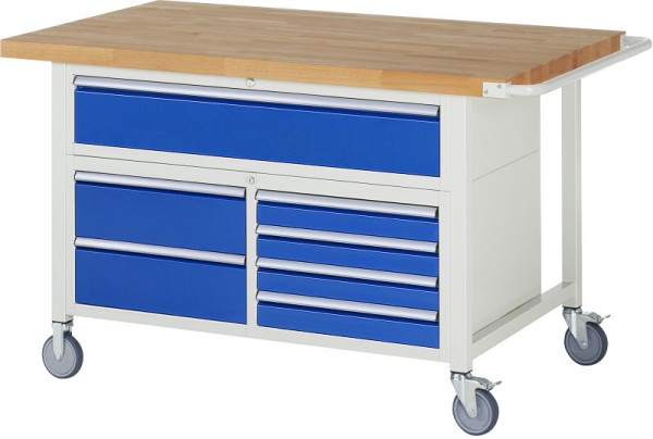 Etabli mobile RAU modèle 8921, 1500x900x920-1120mm, conteneur à triple base, en haut : 180mm, en bas à gauche : 2x180mm, en bas à droite : 4x90mm, 05-8921A2-159B4H.11