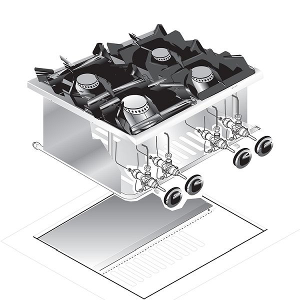 Cuisinière à gaz encastrable Gastro-Inox 4 feux 2x 3.5kW + 2x 5.5kW, 60cm, 160.503