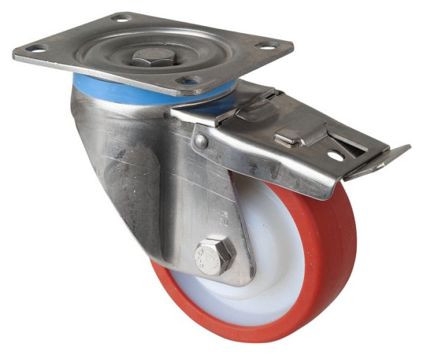 Roulettes pivotantes pour charges lourdes en acier inoxydable, acier inoxydable, avec frein, roue en polyuréthane à palier lisse rouge, plaque à visser 125 mm, HS120.B27.126
