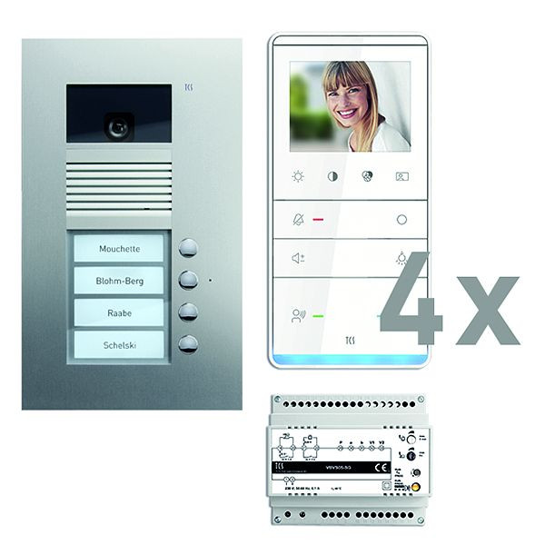 Vidéo de commande de porte TCS : pack UP pour 4 unités d'habitation, avec platine de rue AVU 4 boutons de sonnerie, 4x haut-parleur mains libres vidéo IVW5111, unité de commande, PVU17040-0010