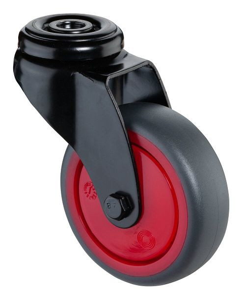 Roulettes BS Roulette pivotante noire, roue en caoutchouc thermoplastique gris, jante rouge, roulement à billes, trou arrière, diamètre : 75 mm, lot de 4, A801.A85.075.03