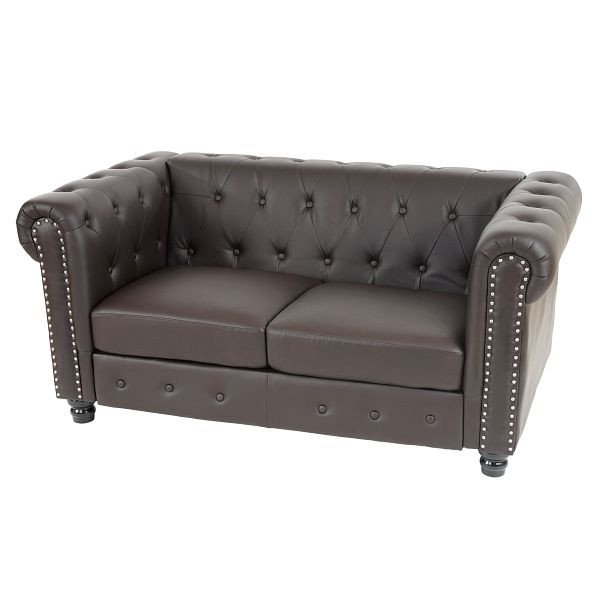 Mendler canapé de luxe 2 places salon canapé Chesterfield simili cuir, pieds ronds, marron, 31988+31989+31990