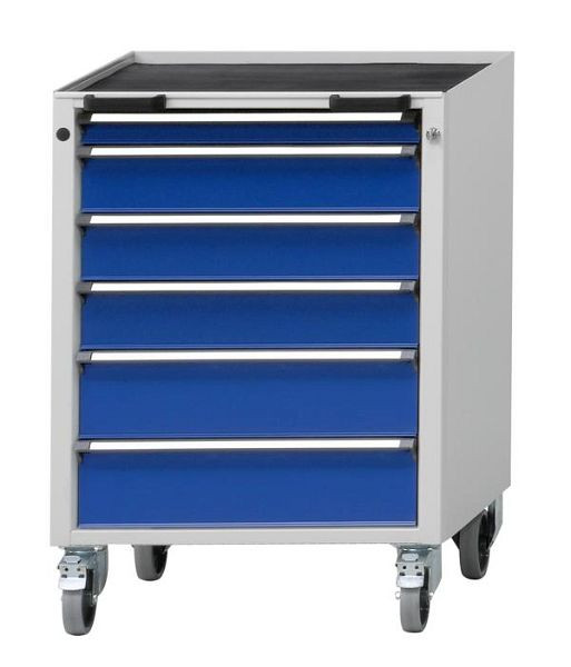 Conteneur mobile ANKE; 660x615x930 mm; RAL 7035/5010; Baignoire avec tapis antidérapant; 6 tiroirs 60, 120, 120, 120, 150, 150 mm, 450,314