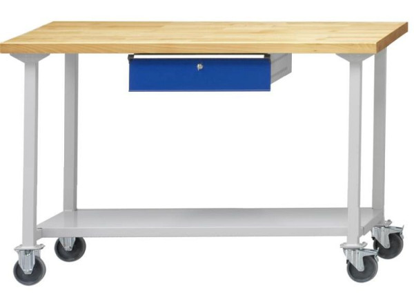 Table de travail ANKE; mobile; 1500x800 mm; RAL 7035/5010; 1xHängeschublade; 1x étagère de rangement en tôle d'acier de 600 mm de profondeur