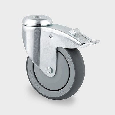 Roulette pivotante TENTE-ROLLEN avec frein, roue Ø 75 mm, capacité de charge 75 kg, hauteur 100 mm, A 87 Shore, avec trou de vis, bleu passivé, 2477PJP075P30-11