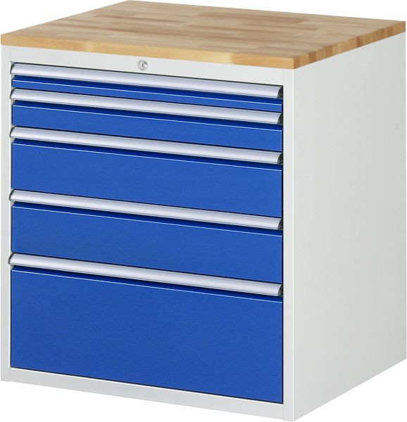 Armoire à tiroirs RAU série 7000, plan de travail en hêtre massif, 5 x taille de tiroir XL 1xH60, 1xH90, 2xH150, 1xH270 mm, 770x825x650 mm, 03-XL5.2A-B.11