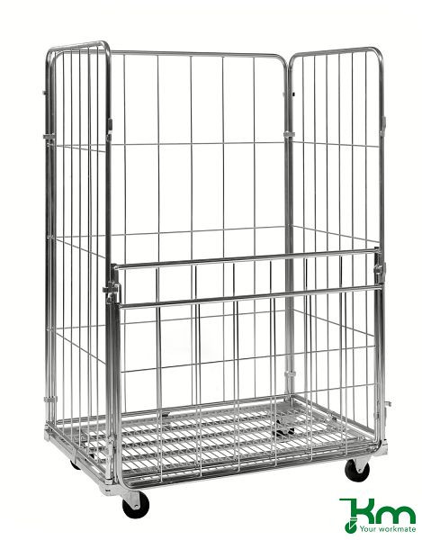 Conteneur mobile Kongamek 4 faces, 1200 x 800 x 1800 mm, galvanisé, 2 roulettes pivotantes et 2 fixes, KM120801804