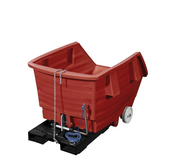 DENIOS Kippwagen aus Polyethylen (PE), mit Rollen und Gabeltaschen, 750 Liter Volumen, rot, 153602