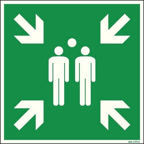 Panneau de secours DENIOS "point de collecte", ISO 7010, aluminium, photoluminescent, 400 x 400 mm, 219197