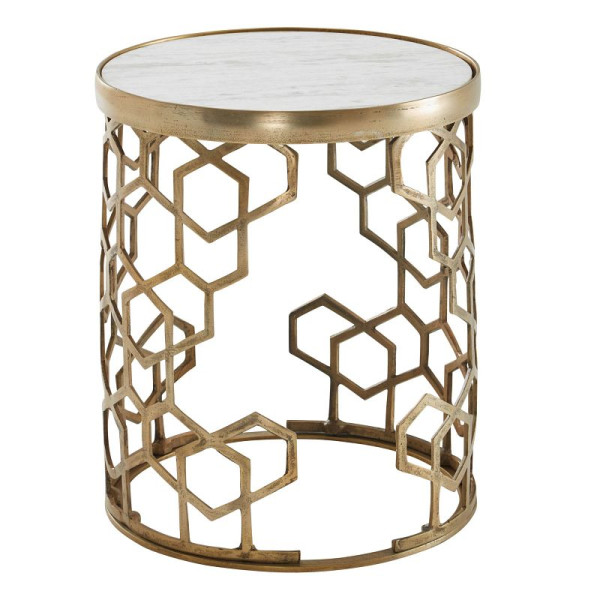 Wohnling table d'appoint en marbre véritable blanc 46 x 46 x 55 cm table d'appoint en métal doré, petite table de canapé ronde, table de salon canapé moderne, WL6.629