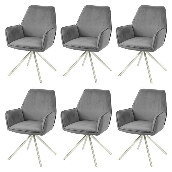 Mendler Ensemble de 6 chaises de salle à manger HWC-G67, accoudoir de chaise de cuisine, position automatique pivotante, velours, gris foncé, acier inoxydable, 6x82978