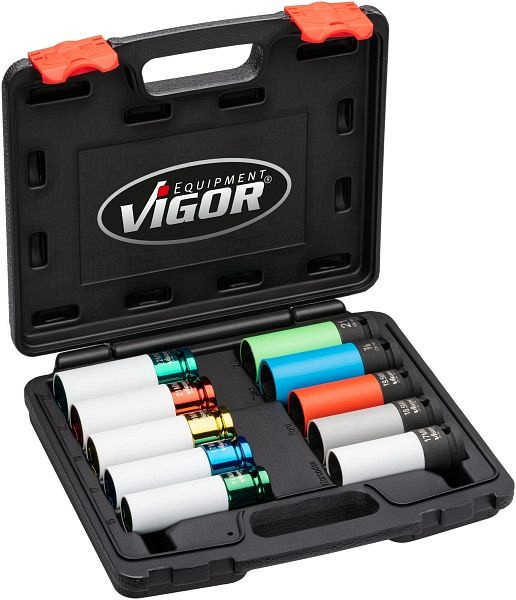 Jeu de douilles pour clés à chocs VIGOR, carré 12,5 mm (1/2 pouce), profil à six pans extérieurs, profil spécial hybride, nombre d'outils : 10, V6312/10