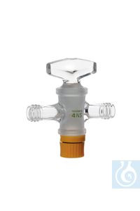 Robinet droit Rettberg, bouchon en verre massif NS 18,8/4 mm, raccordements filetage GL 14, verre borosilicaté 3,3, 107000337