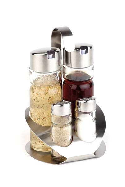 APS Huilier 4 pièces -Pro-, 12,5 x 11 cm, hauteur : 19 cm, acier inoxydable mat, verre, PP, poivre-sel-vinaigre-huile, poivrière/salière en verre, 40478