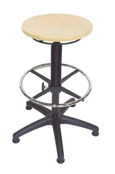 Tabouret de travail Lotz, assise en hêtre naturel, laqué ø350 mm, base en plastique noir, ø 630 mm, hauteur d'assise 550-810 mm, repose-pieds inclus, 3575.02