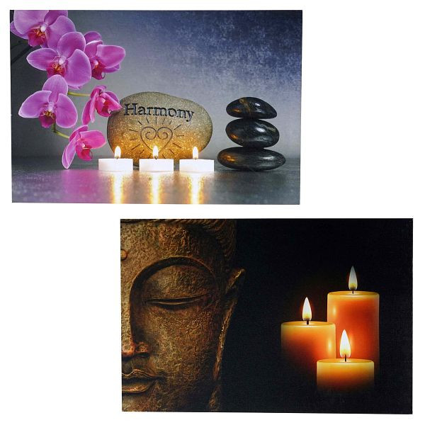 Mendler lot de 2 images LED, image lumineuse, image murale, 40 x 60 cm, minuterie, Bouddha + scintillement, 36627