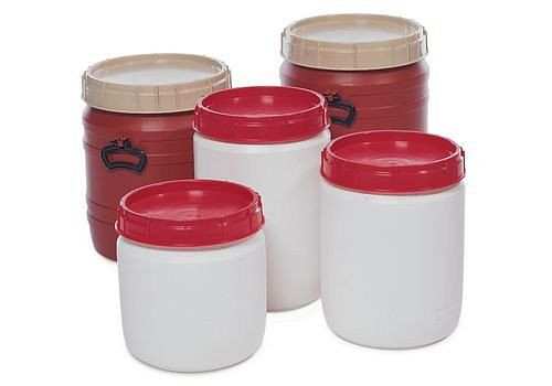 Fût à col super large DENIOS SWH 26, en polyéthylène (PE), volume de 26 litres, blanc-rouge, 129-129