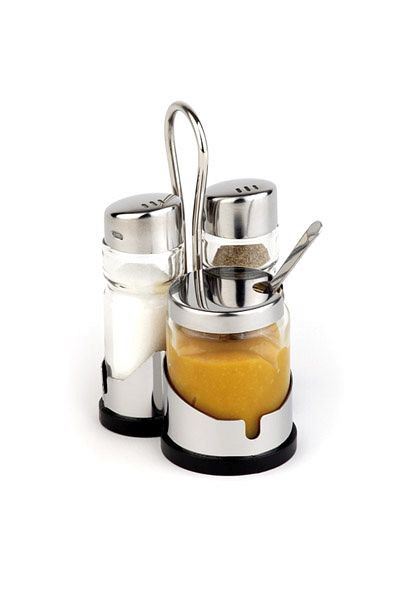 APS Huilier 3 pièces -ECONOMIQUE-, 8 x 8 cm, hauteur : 12 cm, acier inoxydable, verre, ABS, poivrière et salière en verre, cuillère à moutardier, 40457