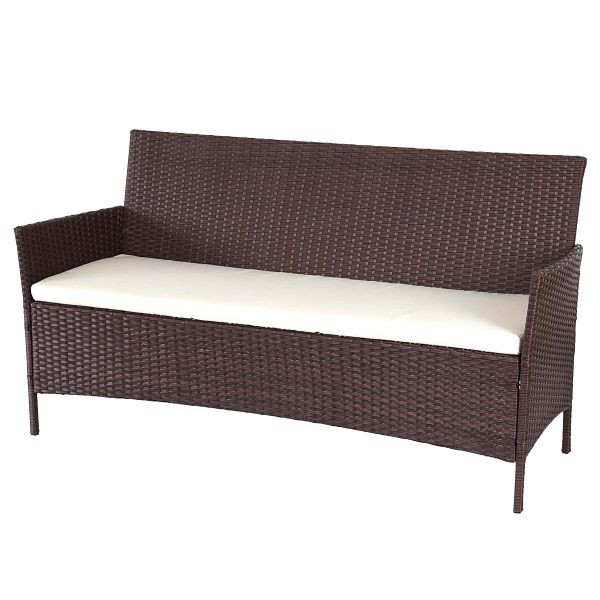 Banc de jardin 3 places en rotin synthétique Mendler Halden, banc, marron chiné, coussins crème, 64284
