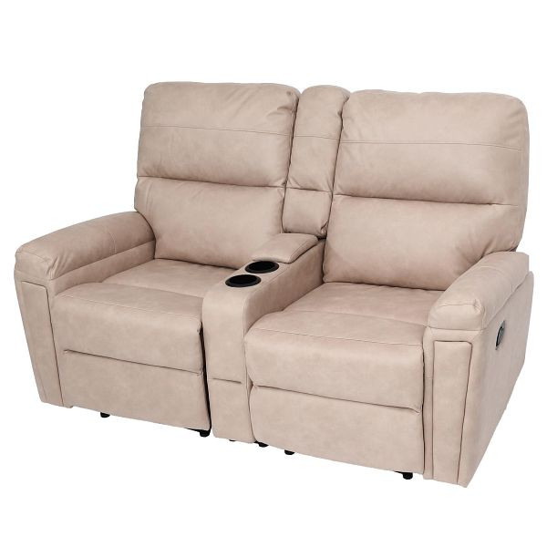 Chaise de cinéma 2 places Mendler HWC-K17, chaise relax, chaise TV, canapé, suspension nosag, compartiment porte-gobelet, tissu/textile beige, 94725+94726+94727